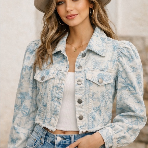 Elie Tahari Jackets & Blazers - Elie Tahari Cropped Denim Jacket Floral Puff Sleeve Blue White Size S